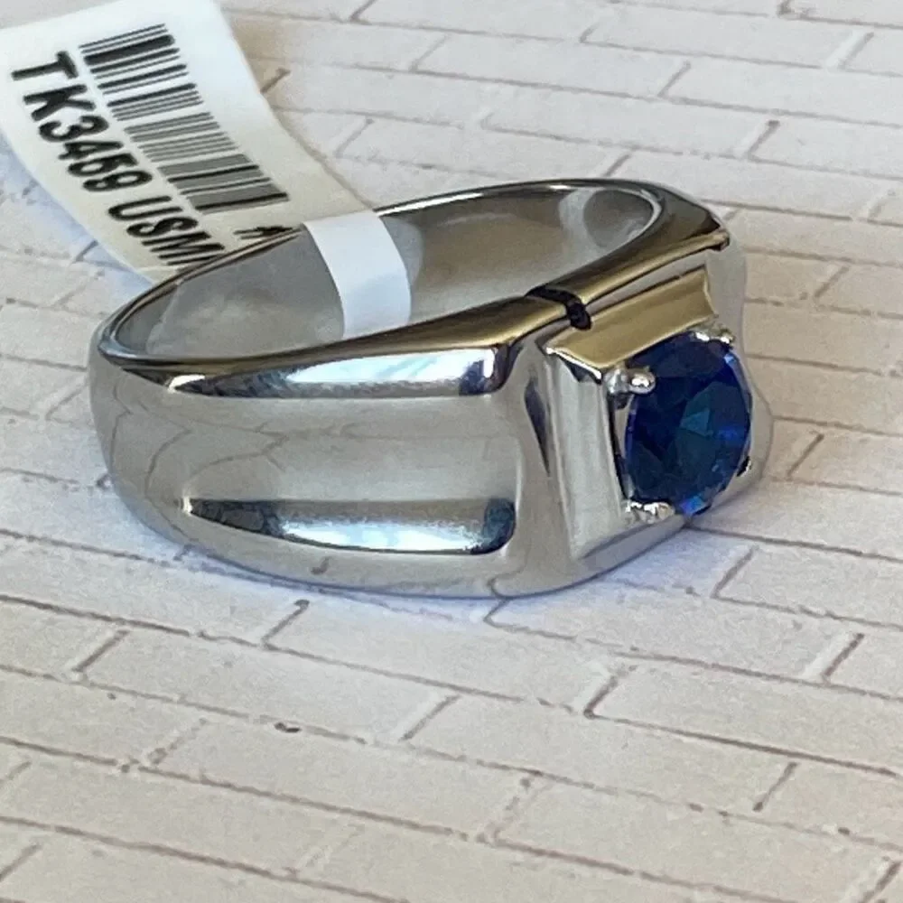 Men’s Stainless Steel Ring Size 11 Blue Stone Signet Style